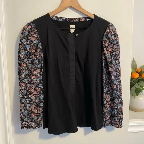 Rebecca Taylor La Vie Black Floral Long Sleeve Blouse Small